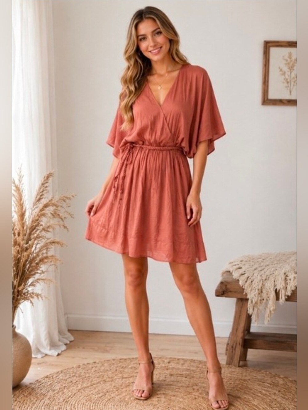 GiGiO USA Boho Dusty Rose S Kimono Dress Wrap V-Neck Braided Belt Cottagegore